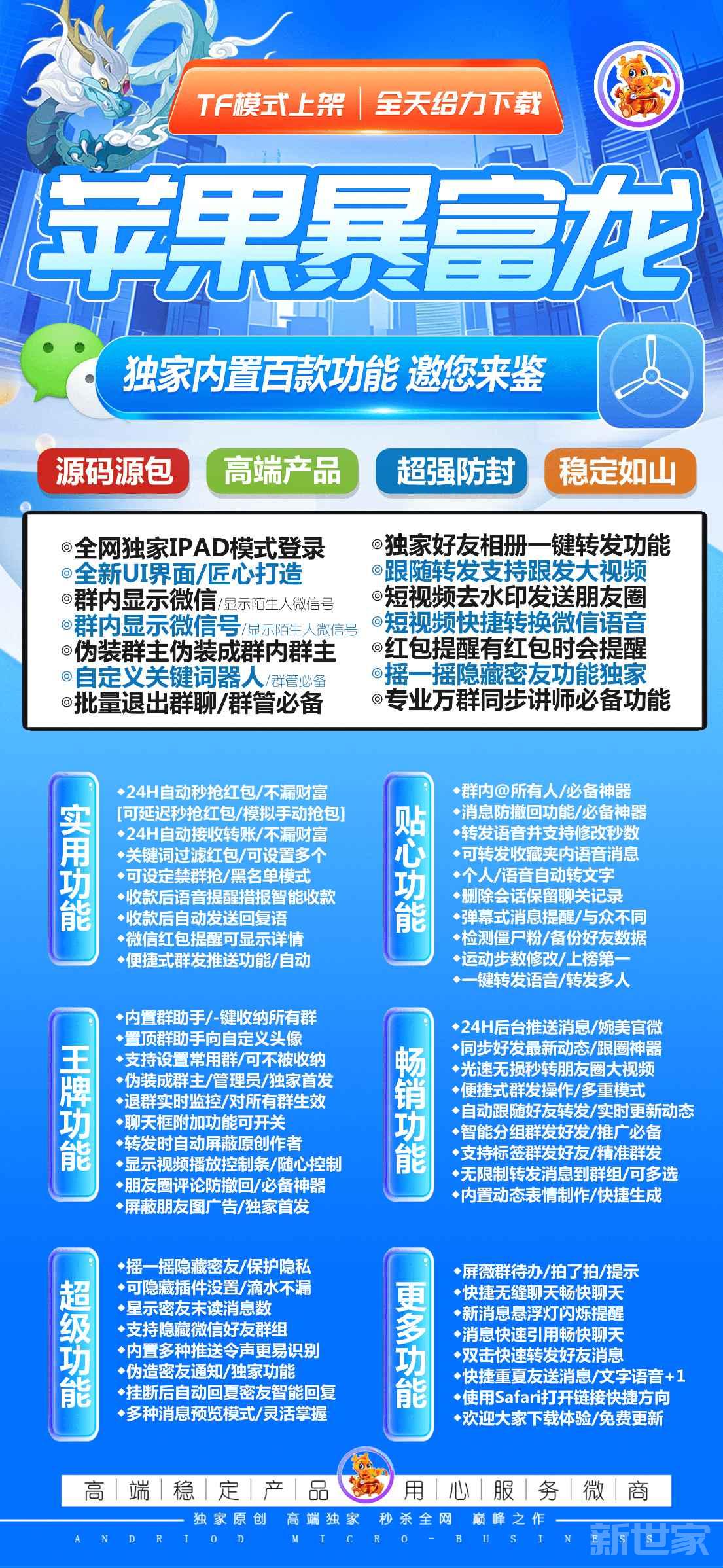 【苹果暴富龙TF兑换授权码密友密群全球定位】微信分身软件分身一键同步转发朋友圈软件